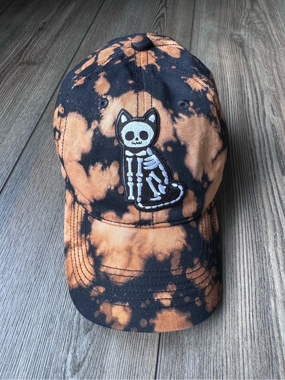 Skeleton Cat Hat Distressed Black Orange Bleach Baseball Hat Halloween